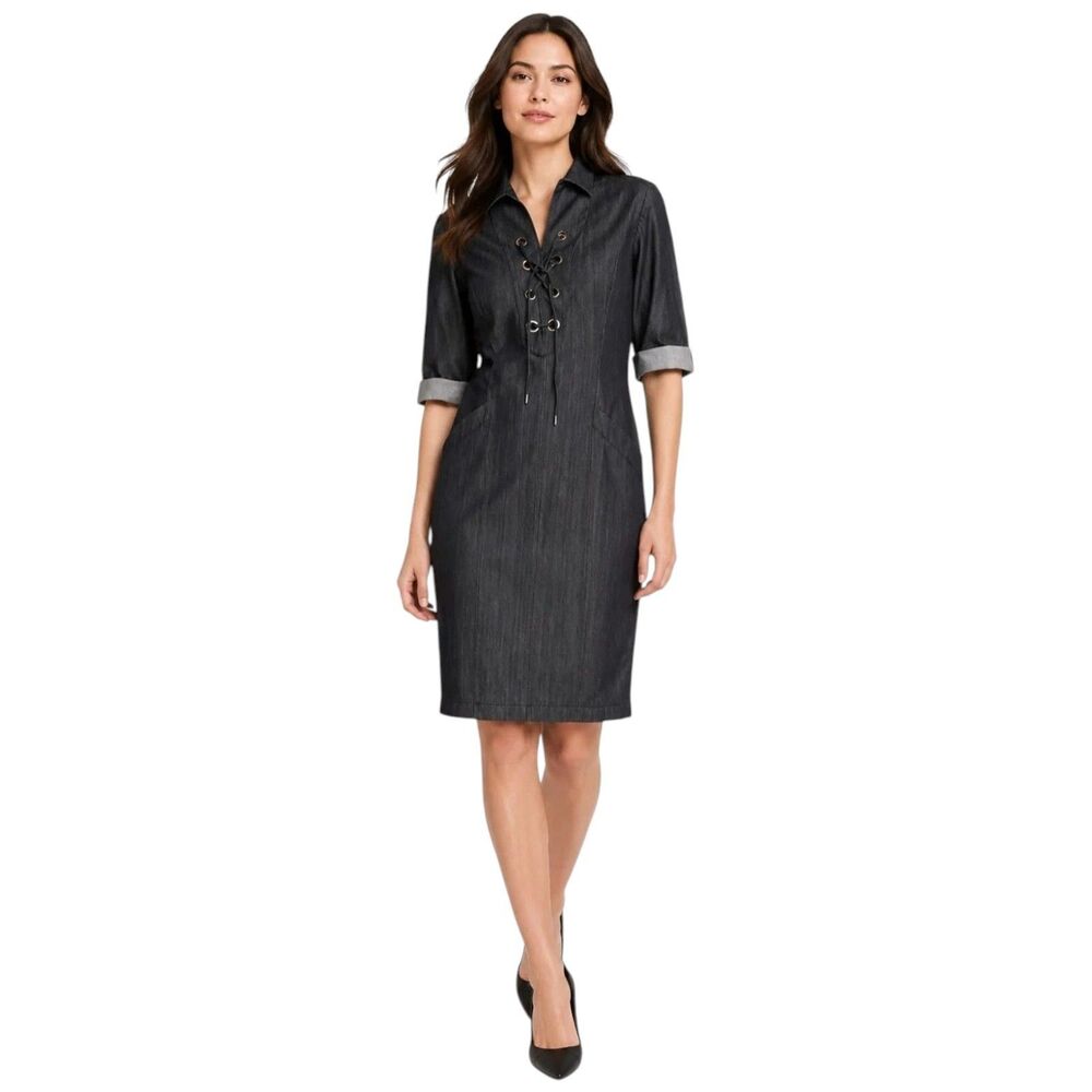 Lafayette 148 Nissa Chambray Lace-Up Sheath Denim Shirt Dress Gray Size 6